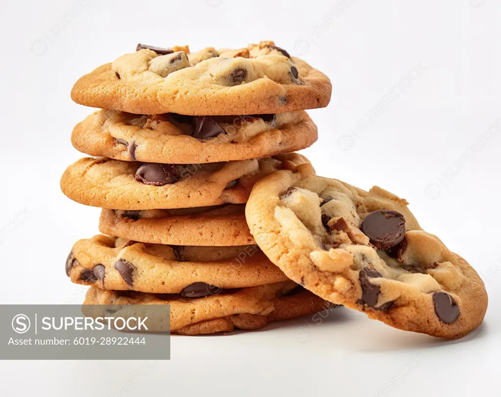 Cookies with chocolate chips over white background. Generative AI