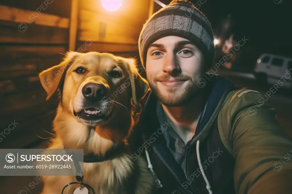 Young man and his dog selfie in the street at night. Generative AI