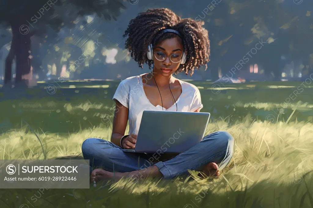 Illustration of afro girl sitting on grass with laptop. Generative AI