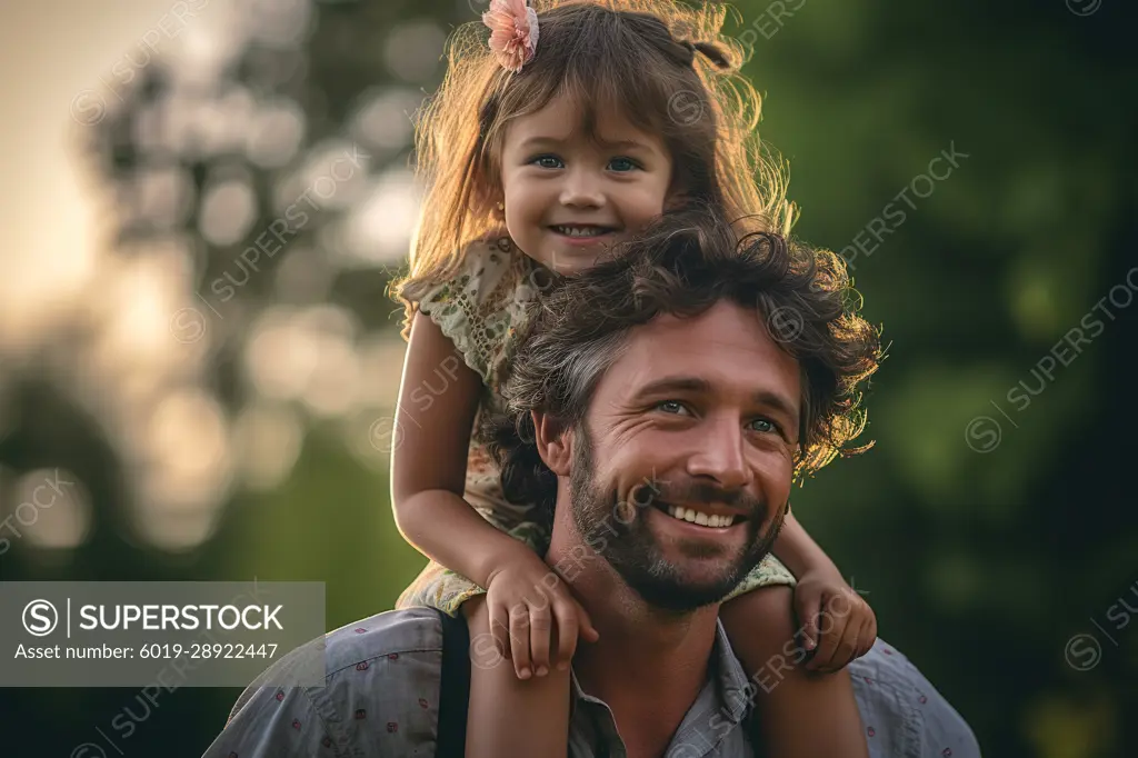 Father and little daughter on top on shoulder in outdoor.Generative AI