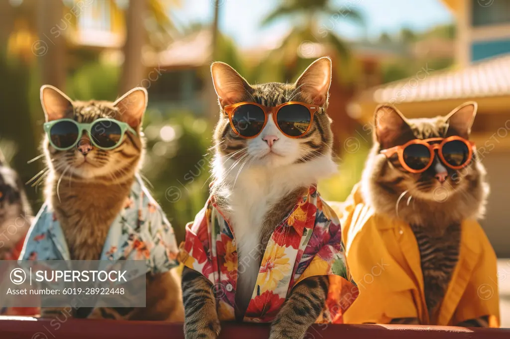 Three cats with Hawaiian shirts and sunglasses in Miami. Generative AI