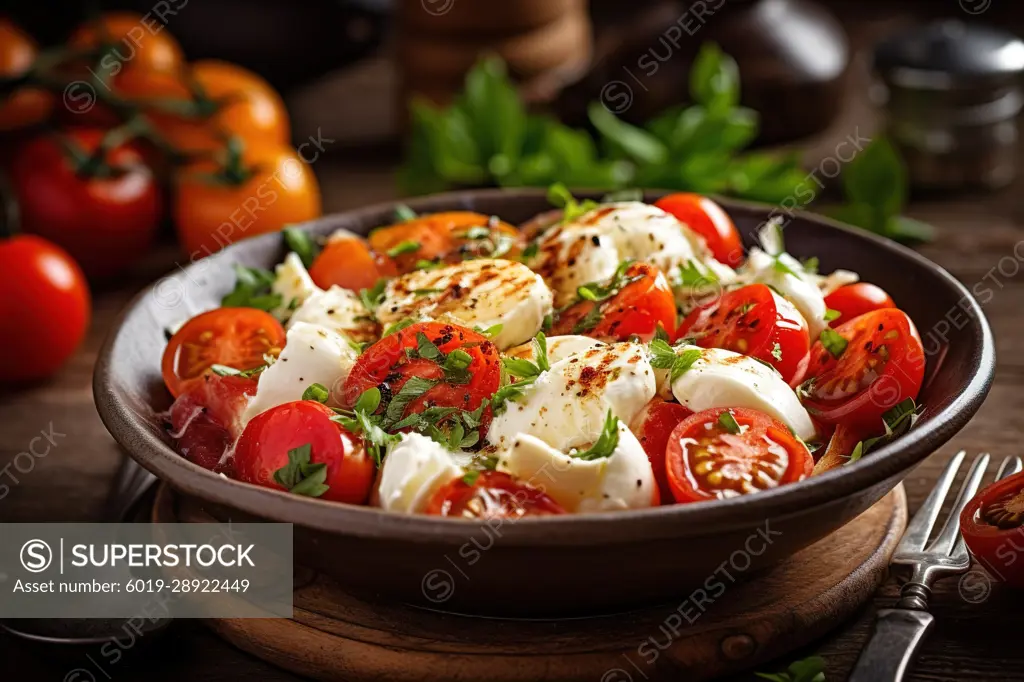 Mediterranean salad with mozzarella and cherry tomatoes. Generative AI