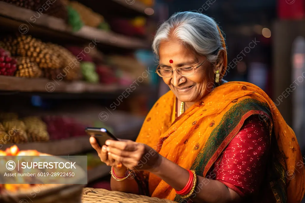 Elderly Indian woman using smart phone. Generative AI