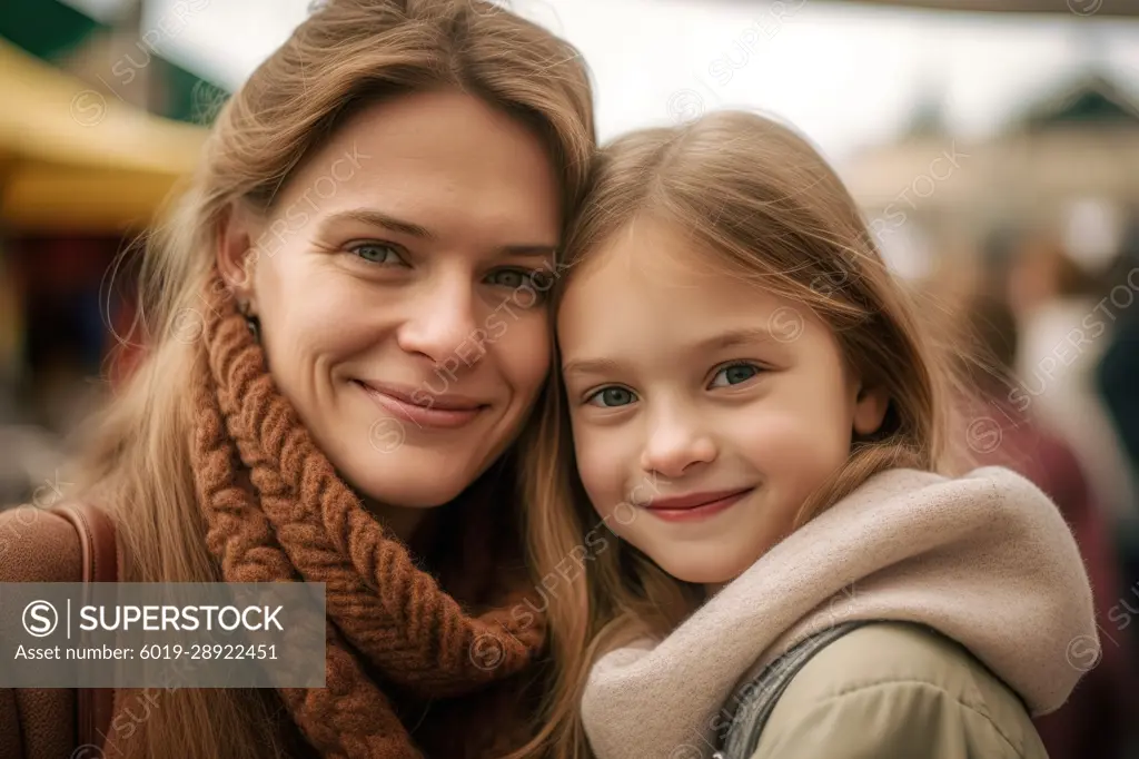 Mother and little daughter outdoors portrait. Generative AI