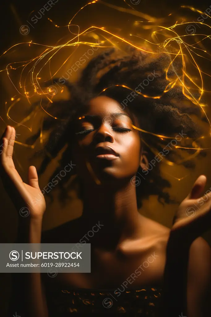 African American young woman portrait with glowy lights. Generative AI