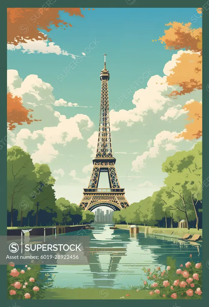 Illustration of travel poster of Eiffel tower in Paris. Generative AI