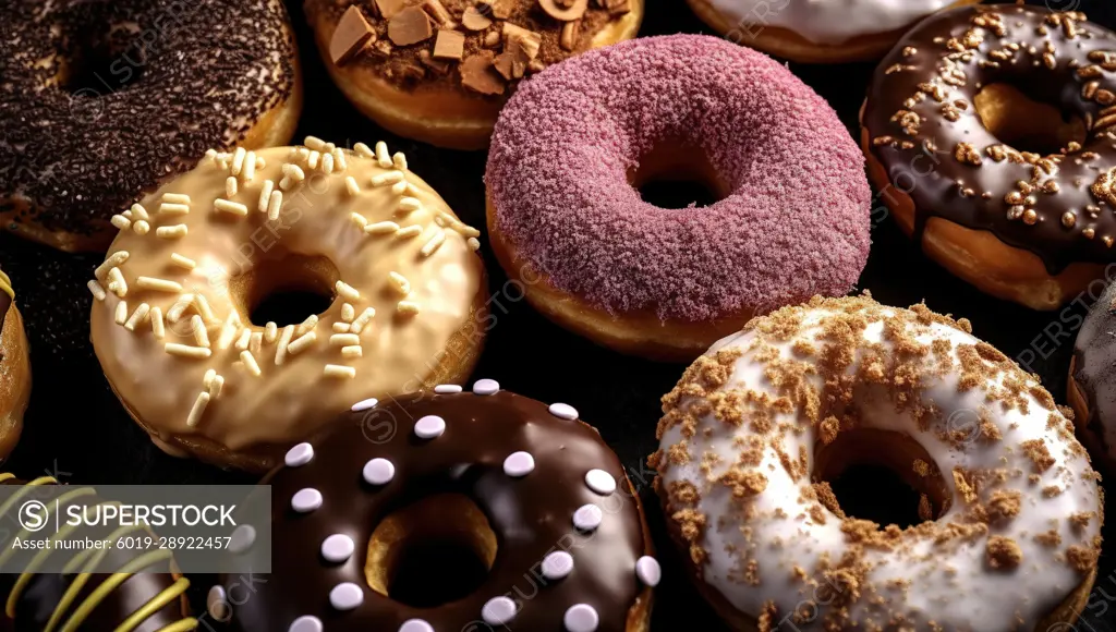 High angle view of baked donuts with icing. Close up. Generative AI