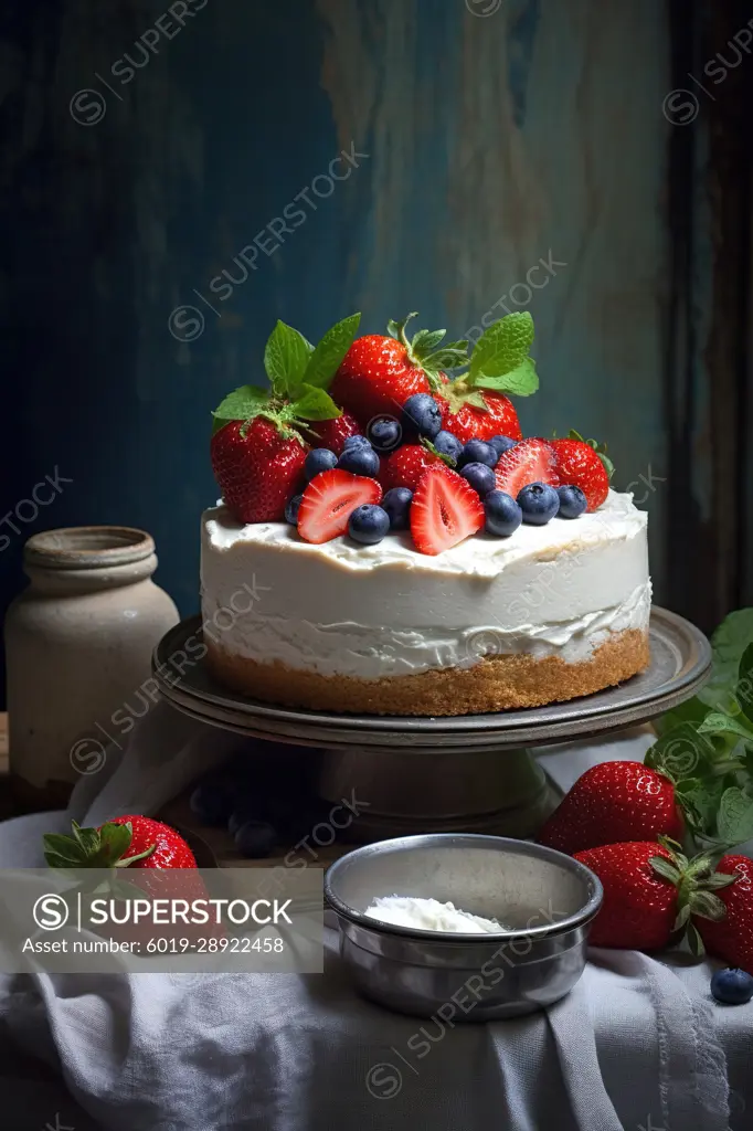 Gourmet cheesecake with strawberries and blueberries. Generative AI