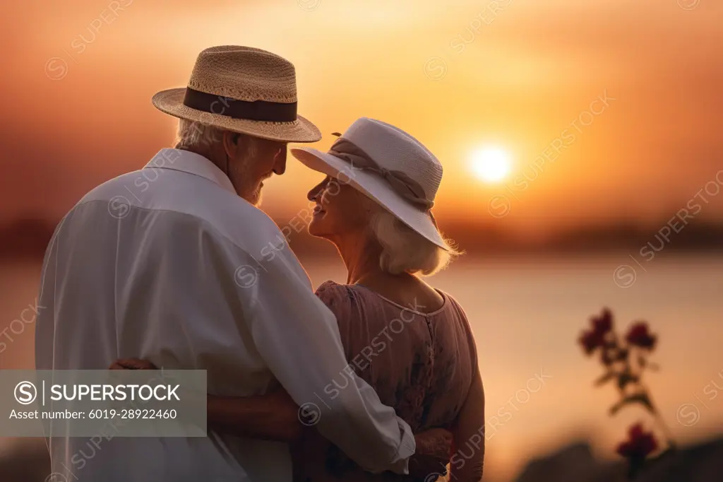 Romantic senior couple looking at sunset in vacations.Generative AI