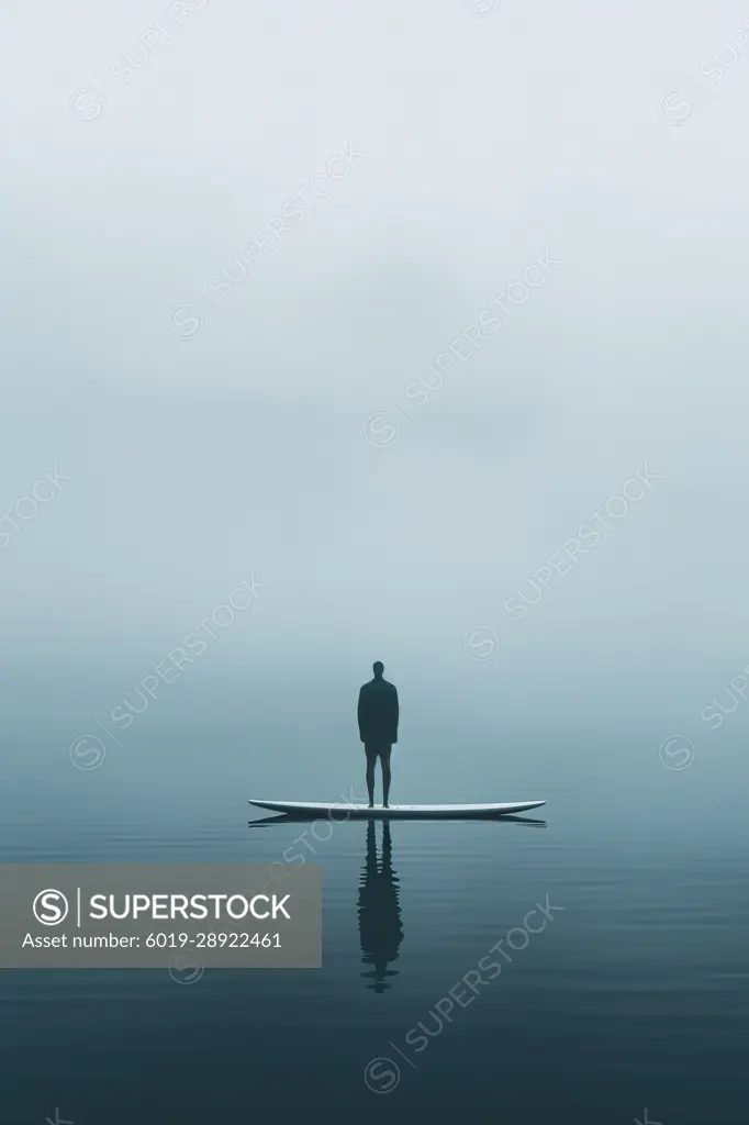 Lonely man standing on sup board among misty lake. Generative AI