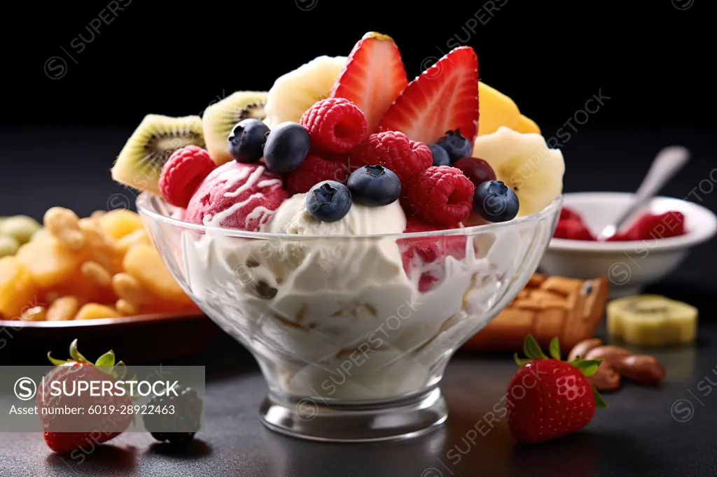 Frozen yoghurt served with fresh fruits, close up shot. Generative AI