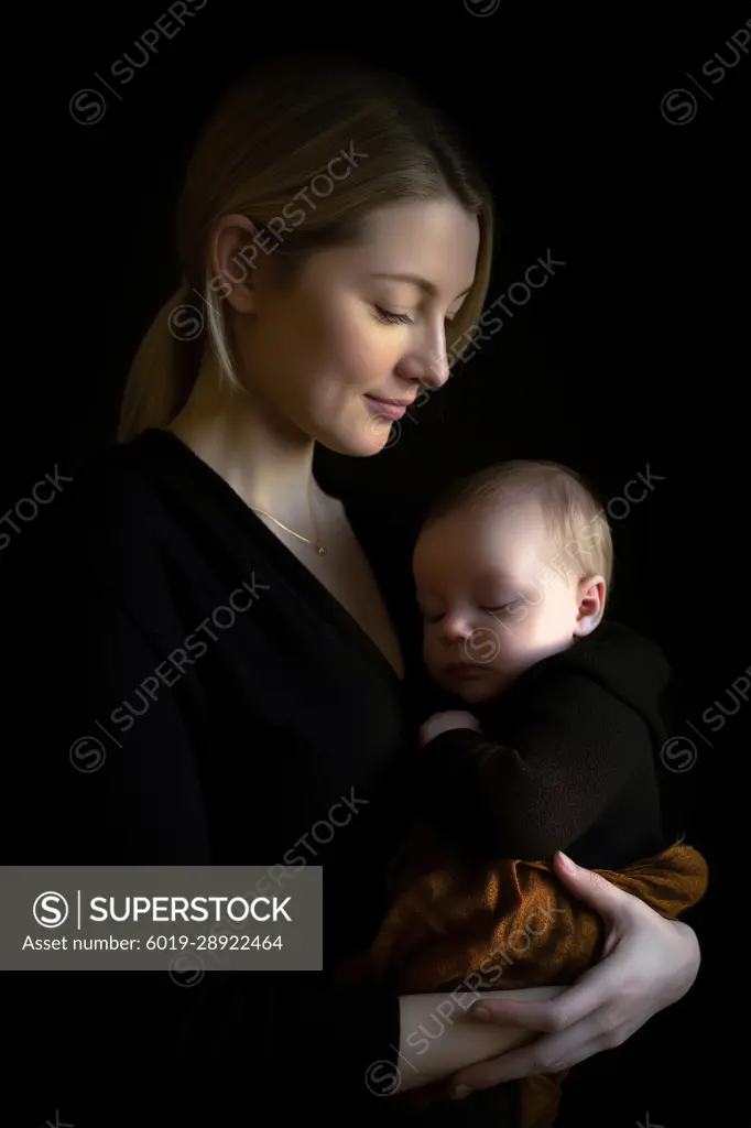 Studio shot of young mom with her little baby. Generative AI