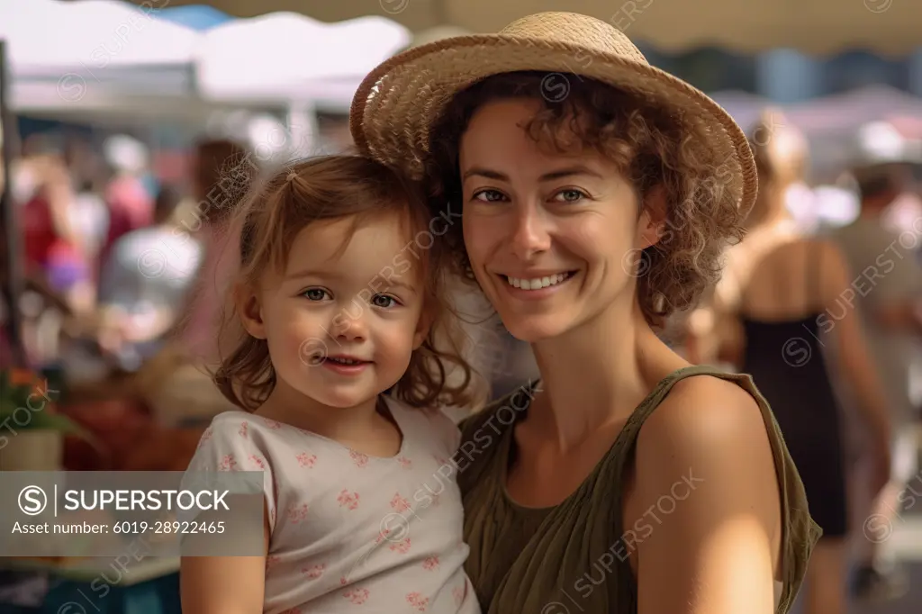 Mother with her little daughter at local farmer market.Generative AI