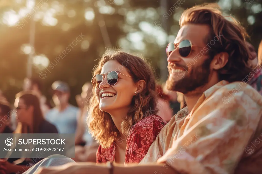 Young couple enjoying summer day in outdoor festival. Generative AI