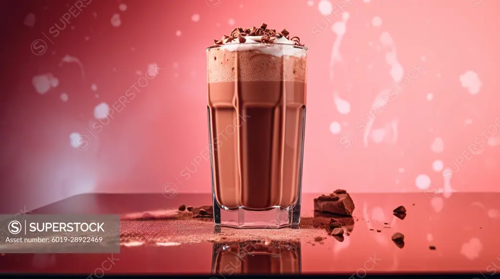 Chocolate milkshake over pink background. Generative AI