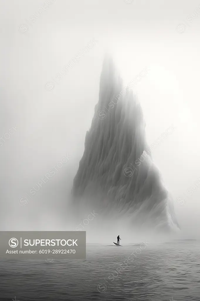 Surfer in the ocean on a misty day, black and white. Generative AI