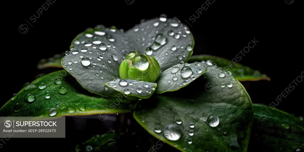 Macro shot of dewdrops over small plant. Generative AI