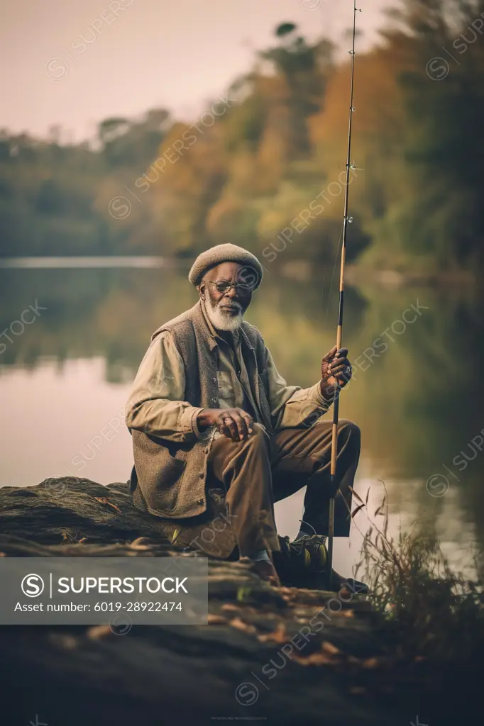 African-American retired man fishing in river bank. Generative AI