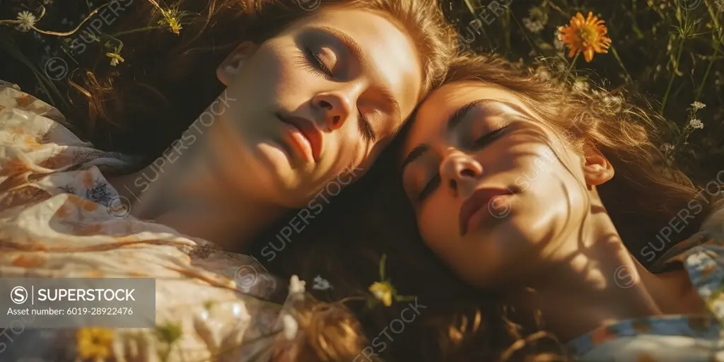 Two young women resting over green grass on a sunny day. Generative AI