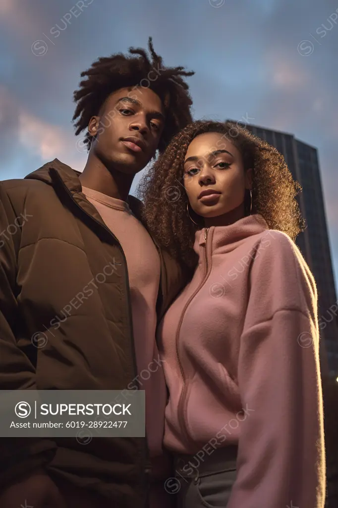 Street portrait of young African American couple. Generative AI