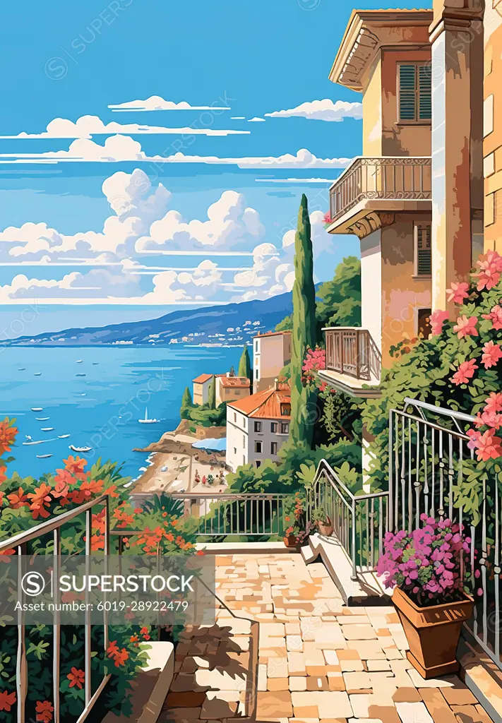 French Riviera travel postcard illustration. Generative AI