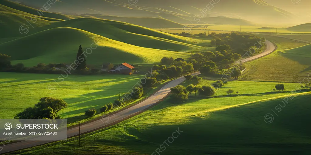 Rural road among green hills at sunset. Generative AI