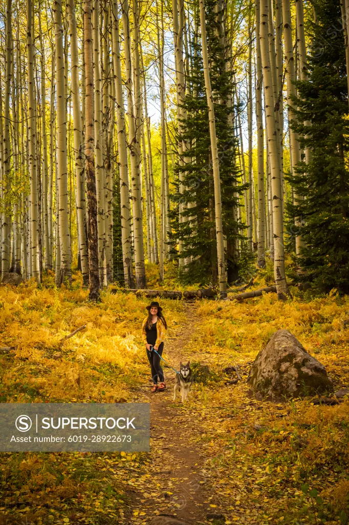 Woman Walking Dog in the Fall Colors of Colorado