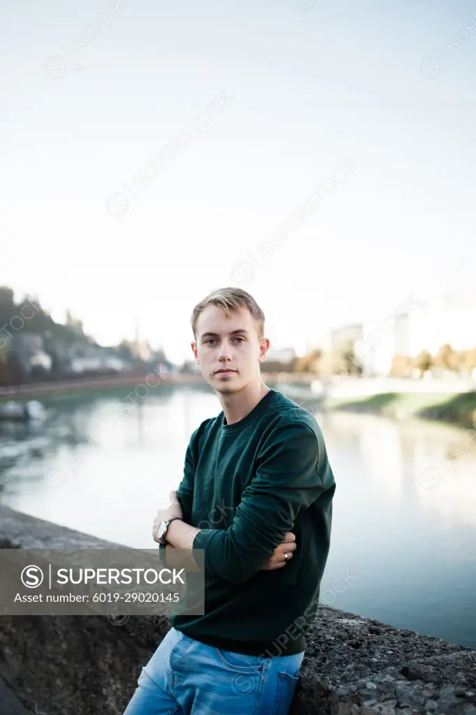 young man tourist on the streets of salzburg austria