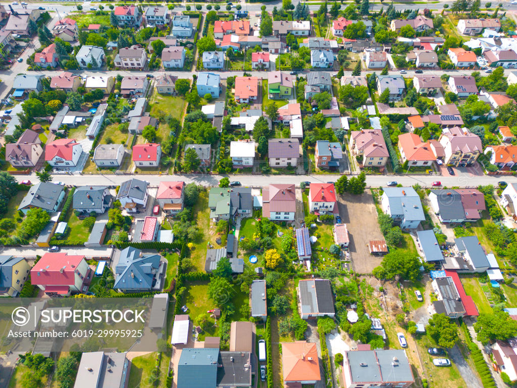 Aerial view of residential houses at spring. neighborhood, subu