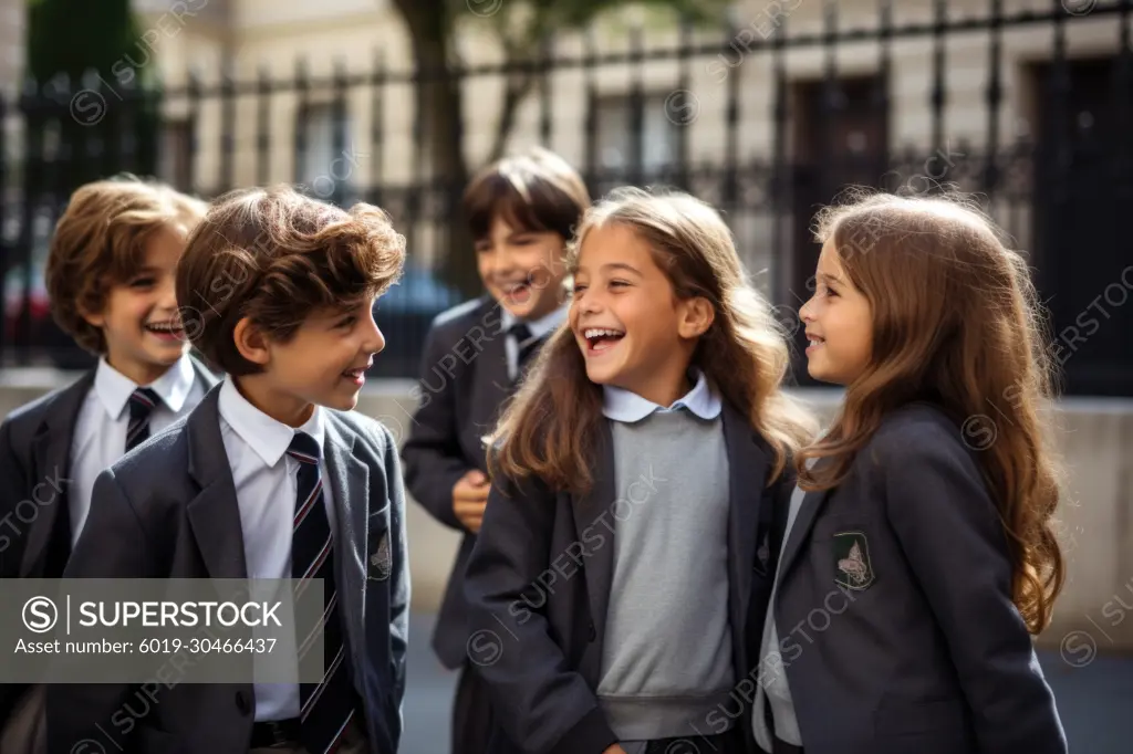 Schoolchildren in uniform at the entrance to school, Generative AI