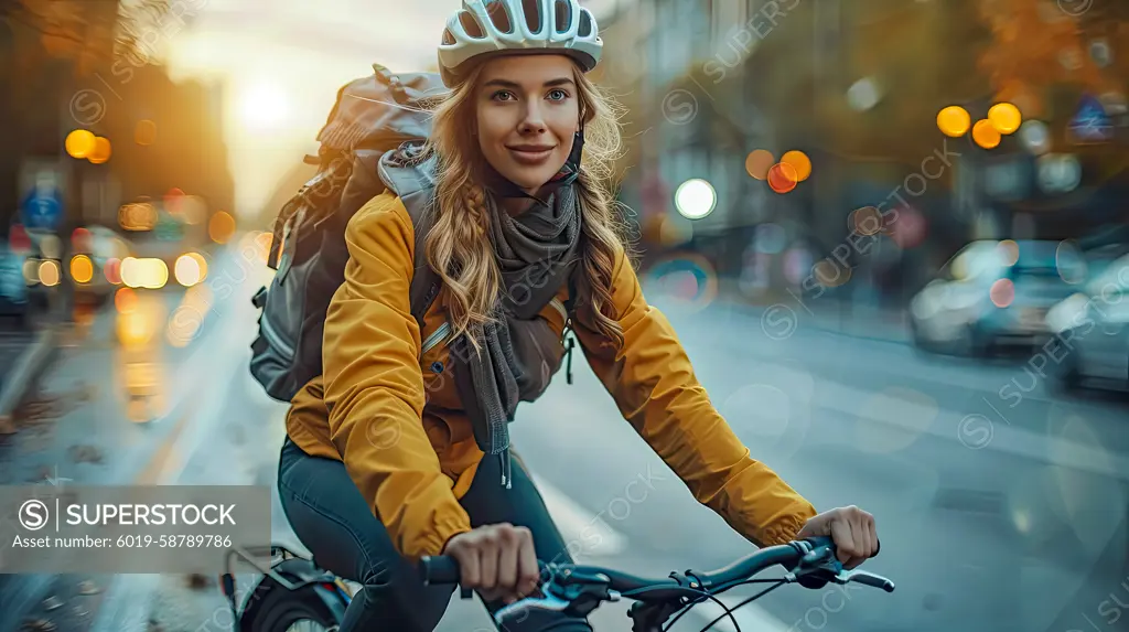 Caucasian woman rides her bike to work across town