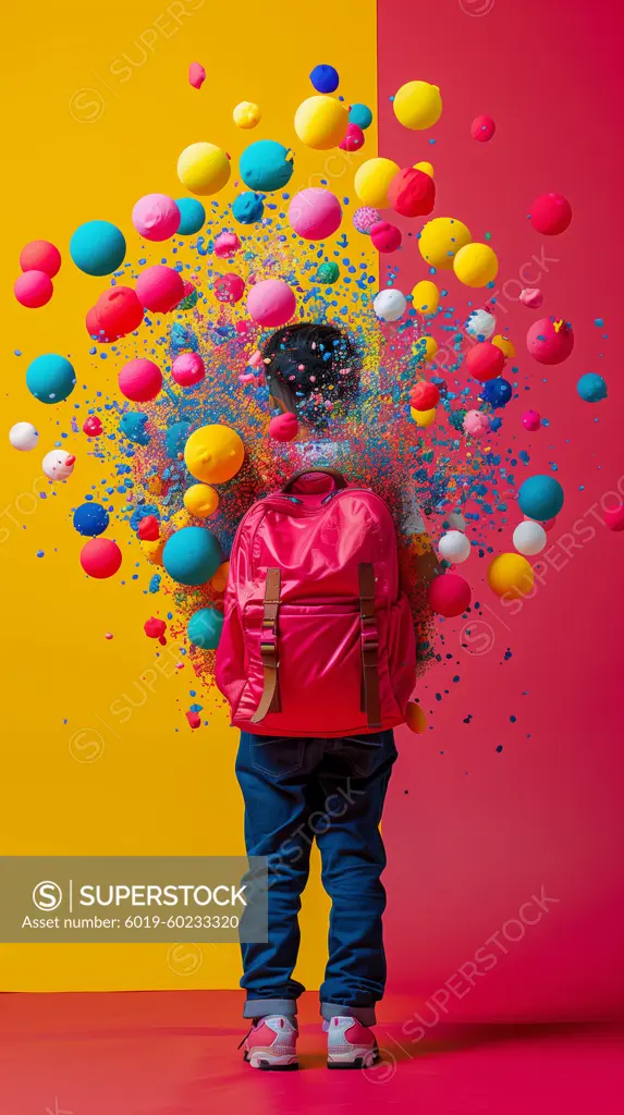 Child returns to school with backpack with colorful balls