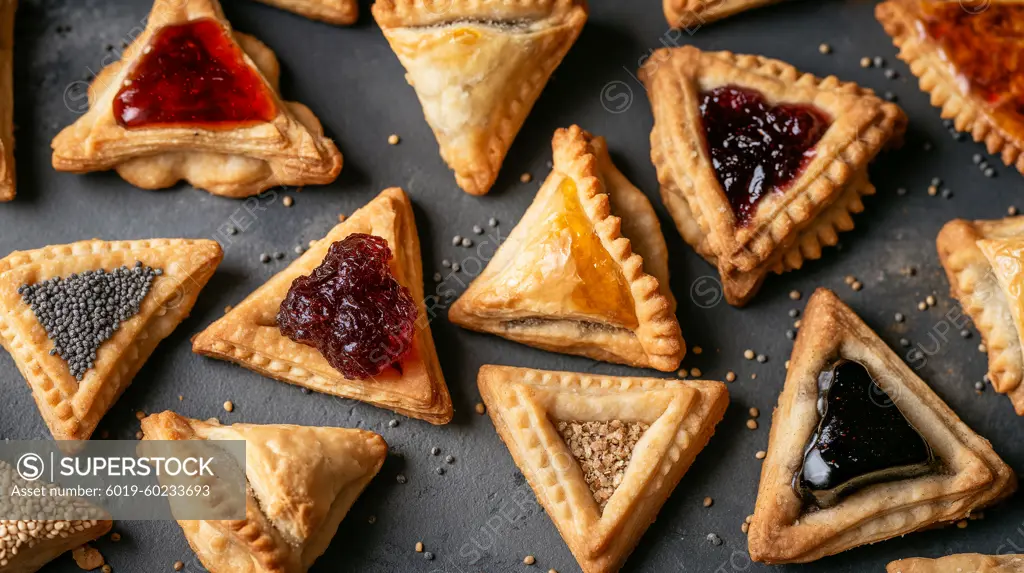 Freshly baked hamantaschen cookies lying on dark surface