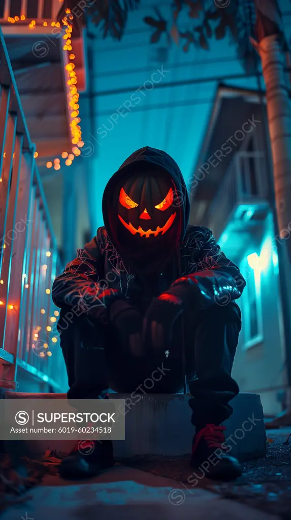 man custome halloween pumpkin head in a balcony neighborhood at night