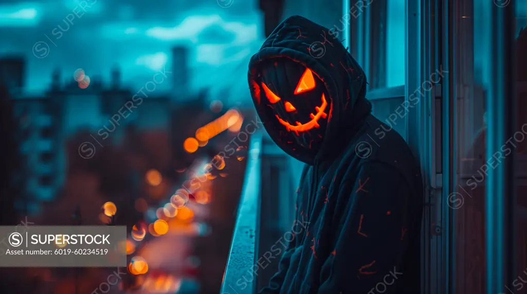 man custome halloween pumpkin head in a balcony neighborhood at night