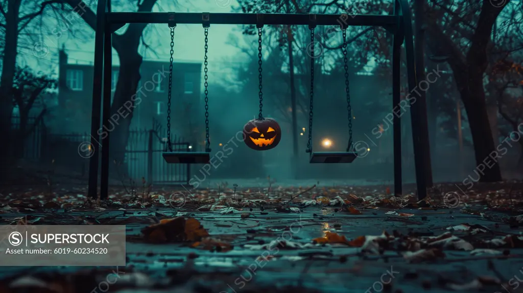 desolate playground at night, swaying halloween pumpkin head