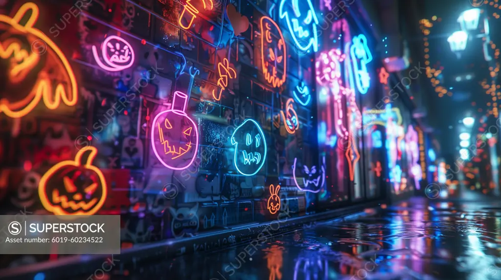 A montage of neon Halloween symbols flashing rapidly