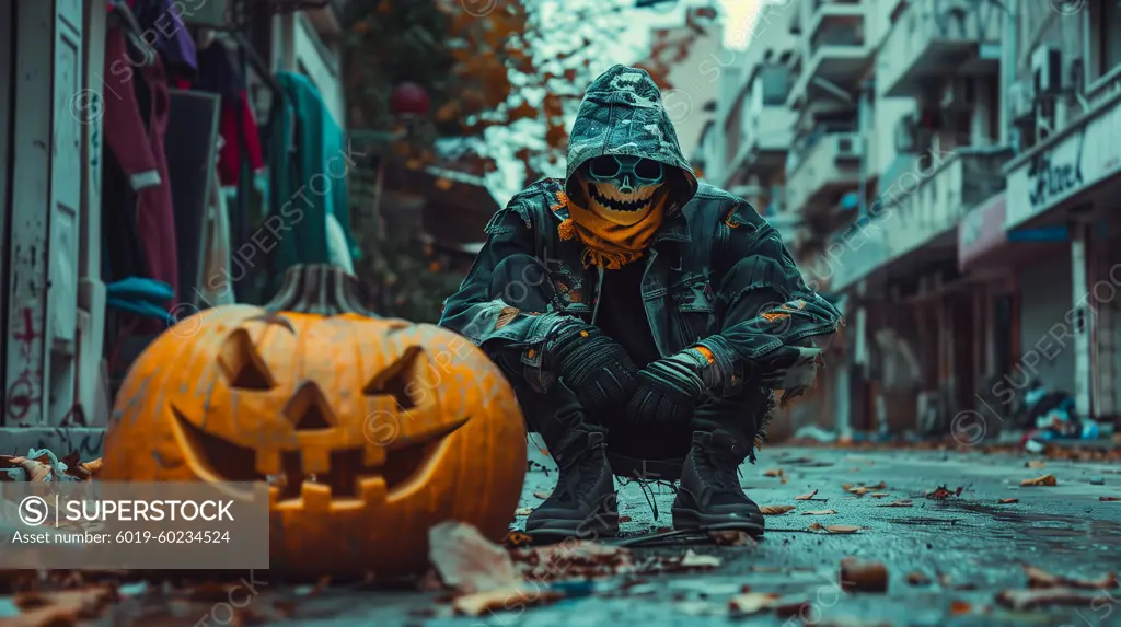 man Halloween pumpkin head on the urban street