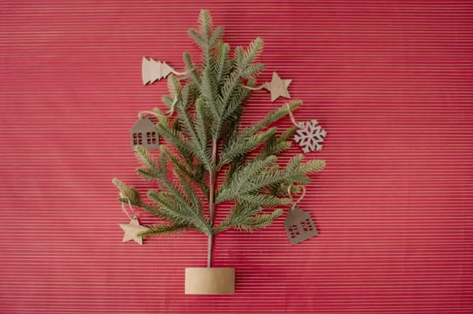 Christmas tree flat lay with red background