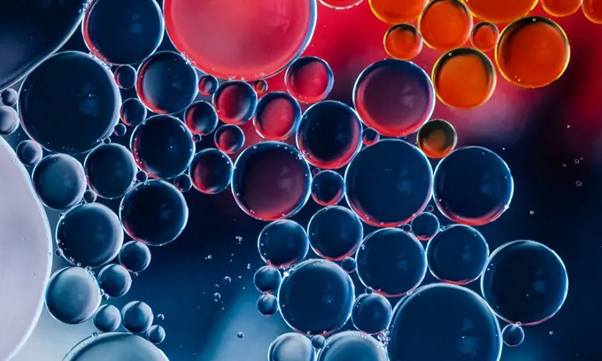 Abstract macro image of colorful oil drop circles in water.