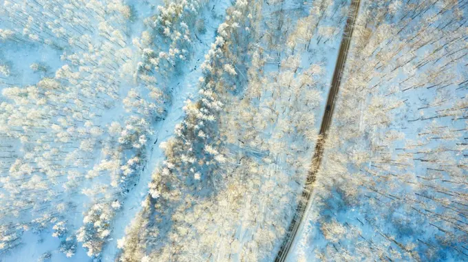 Aerial view of a road in winter.