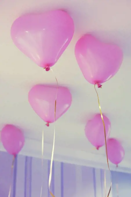 Pink heart balloons with helium at room for birthday, newborn party