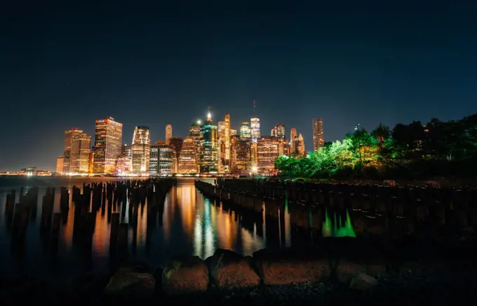 skyline new York usa buildings lights reflections sea