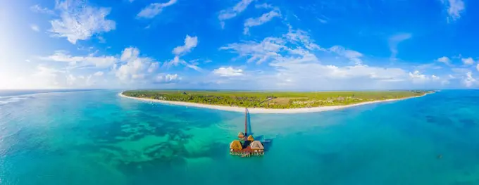 Aerial view of Maldives island, luxury water villas resort and w