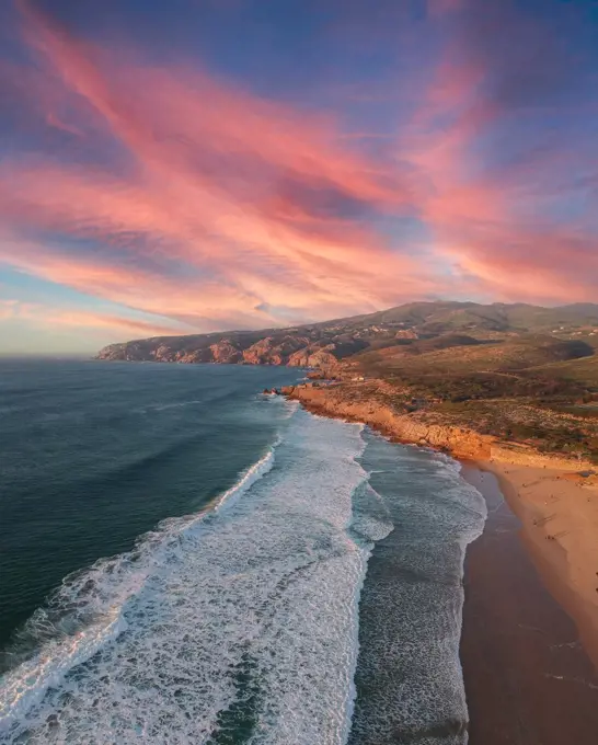 Aerial view from a beach at the sunset.