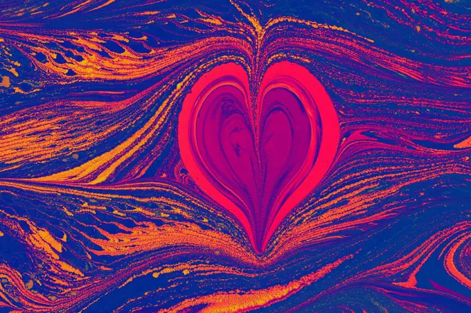 Ebru  marbling  background with heart shape. Unique art  Liquid 