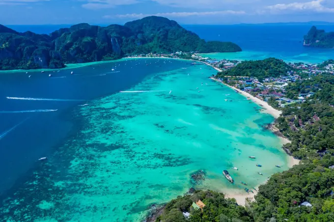 Aerial view of Phi Phi, Maya beach with blue turquoise seawater,