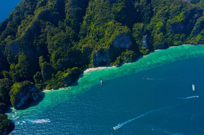 Monkey Beach panoramic aerial view in Phi Phi Don, Thailand.