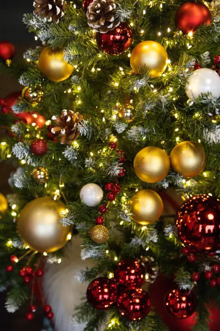 Christmas tree with red and gold toys