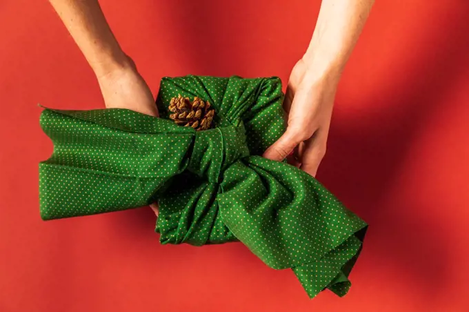 Hand Holding Fabric Wrapped Present